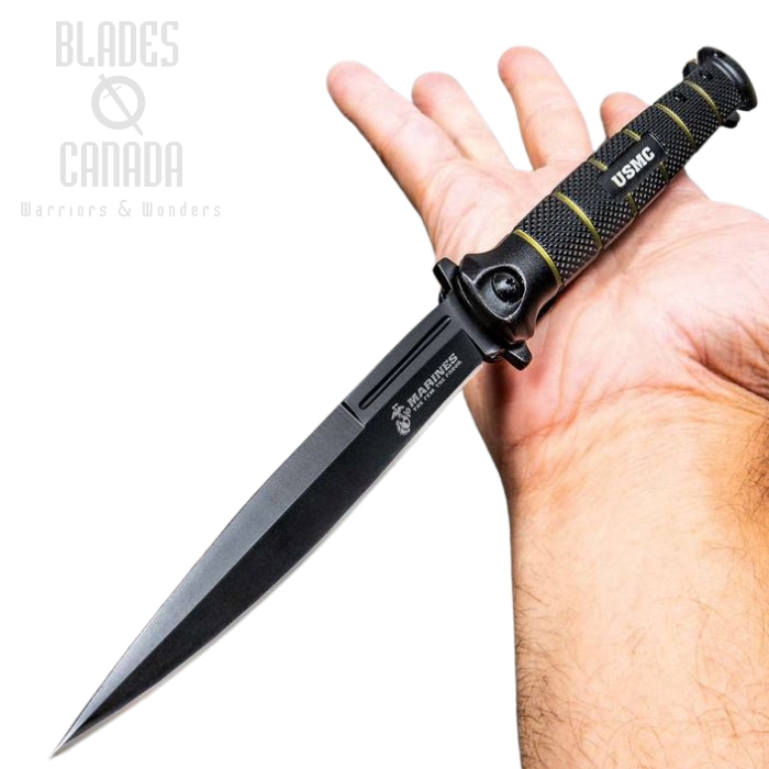 UC USMC Colossal Blackout Stiletto Folding Knife, Assisted Opening, UC3233